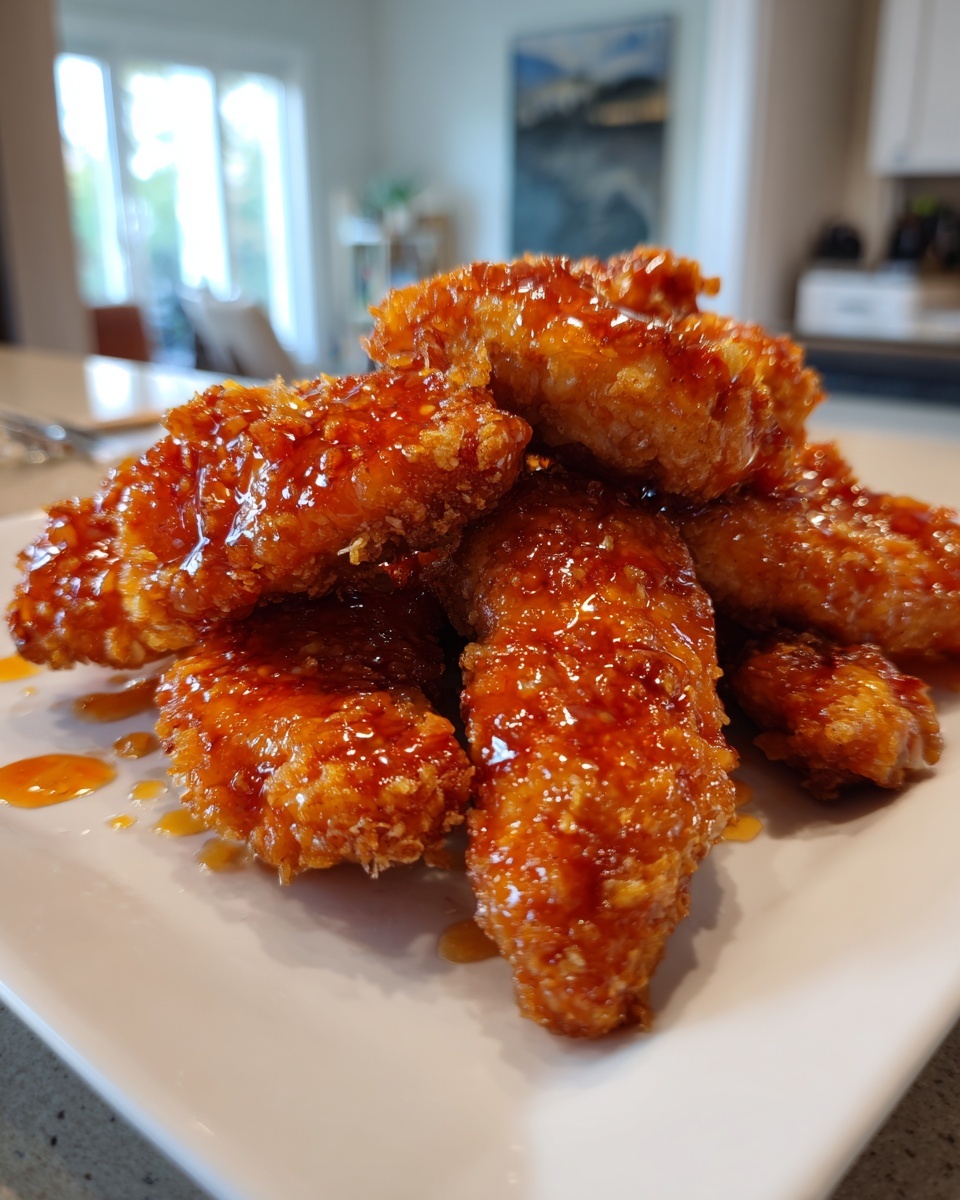 A stack of crispy, glazed hot honey chicken tenders piled high on a white rectangular plate.