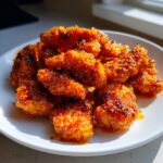 A close-up of crispy, glazed hot honey chicken tenders piled high on a white plate, glistening under natural light.