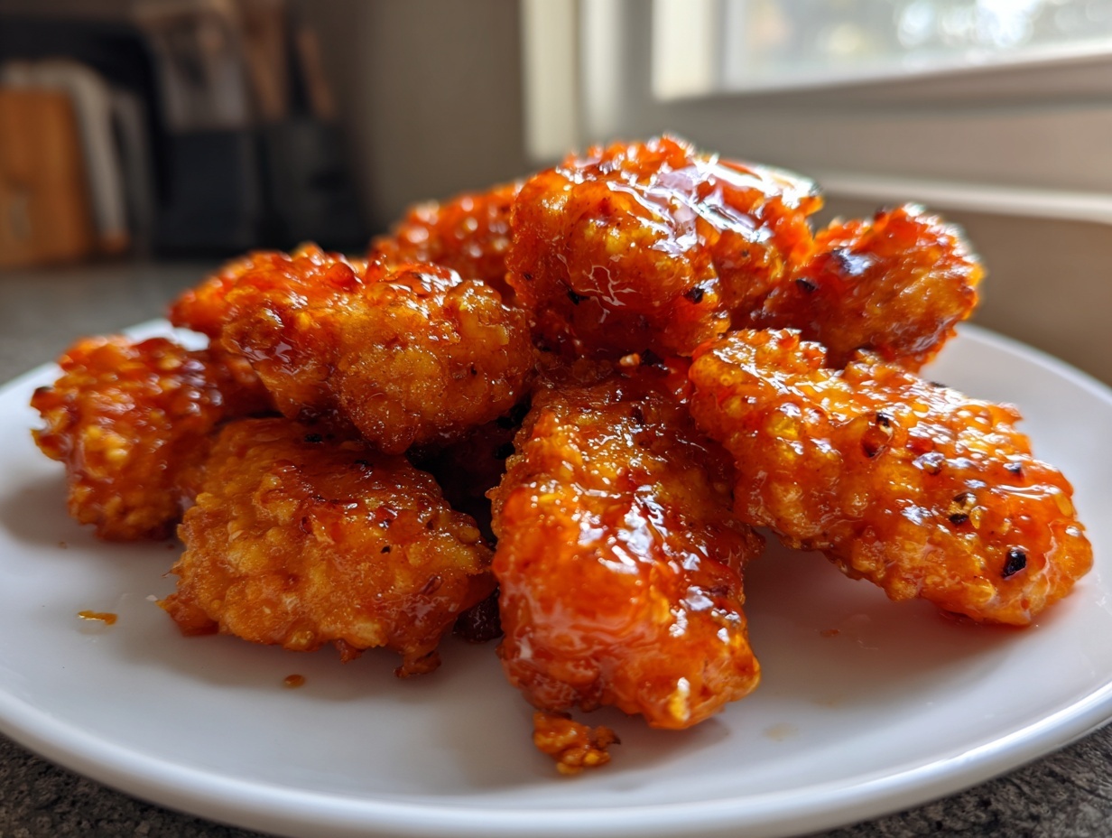 Close-up of crispy hot honey chicken tenders coated in a shiny, spicy-sweet glaze, piled on a white plate.