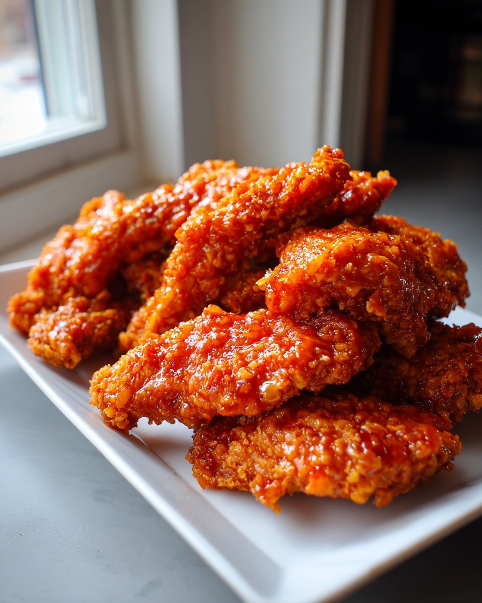 A pile of crispy, glazed hot honey chicken tenders stacked high on a white rectangular plate.