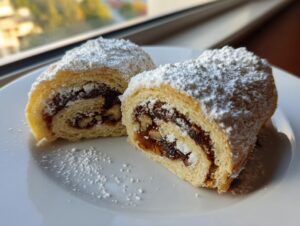 Two halves of italian nut roll cookies showing the swirled pastry dough and rich nut filling, dusted heavily with powdered sugar.