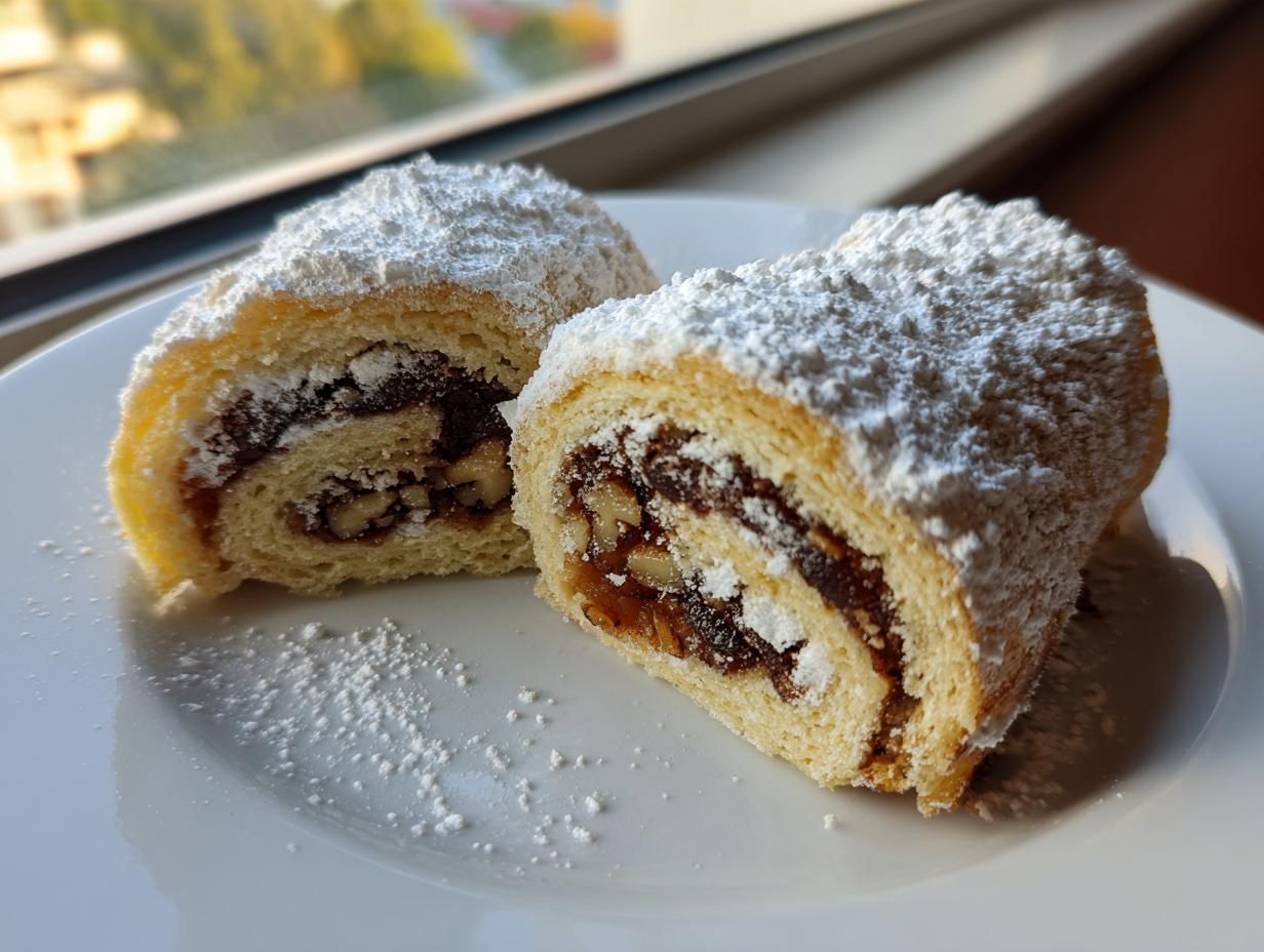 Two halves of italian nut roll cookies showing the swirled pastry dough and rich nut filling, dusted heavily with powdered sugar.