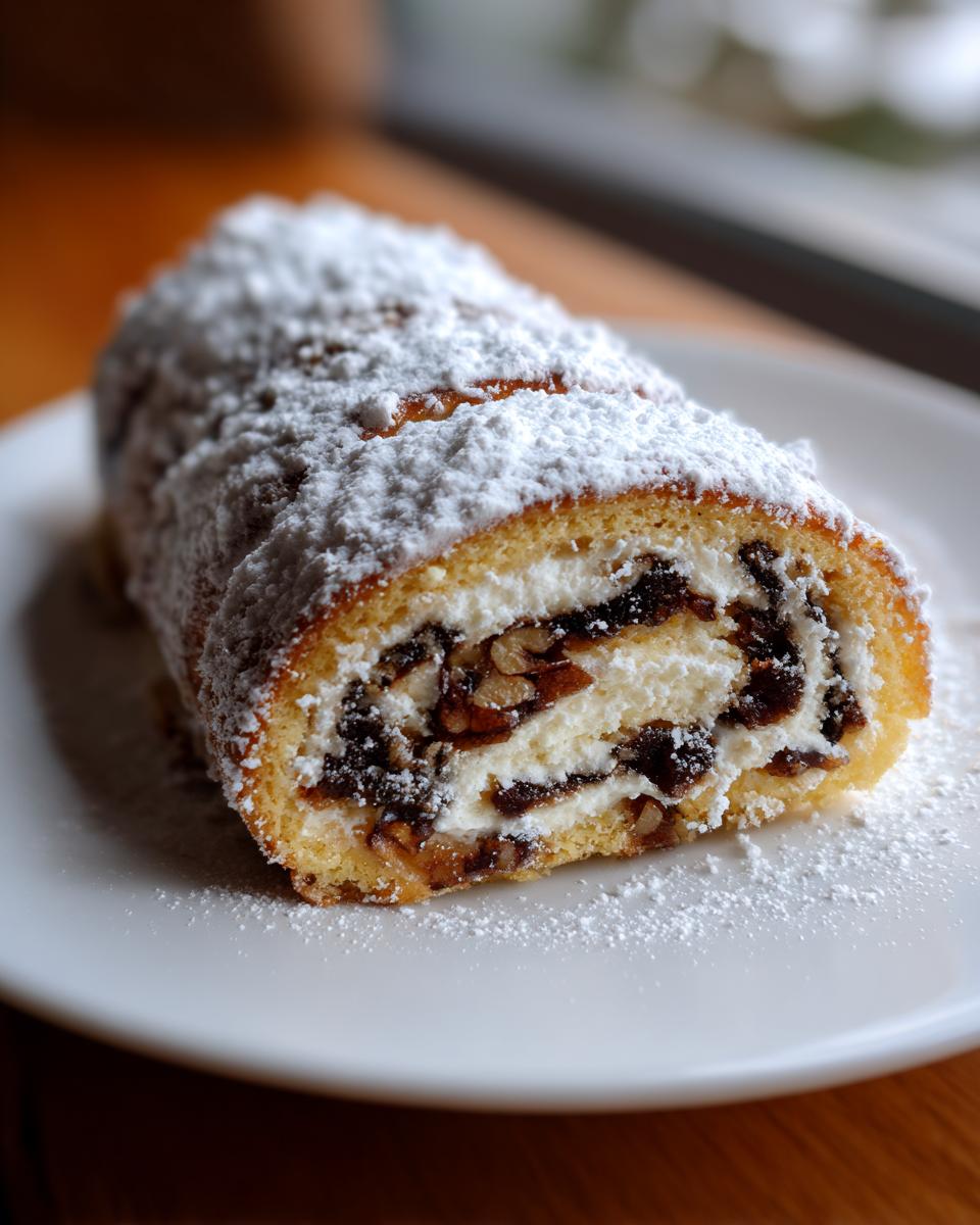 Close-up of a slice of Italian nut roll cookies filled with cream and nuts, heavily dusted with powdered sugar.