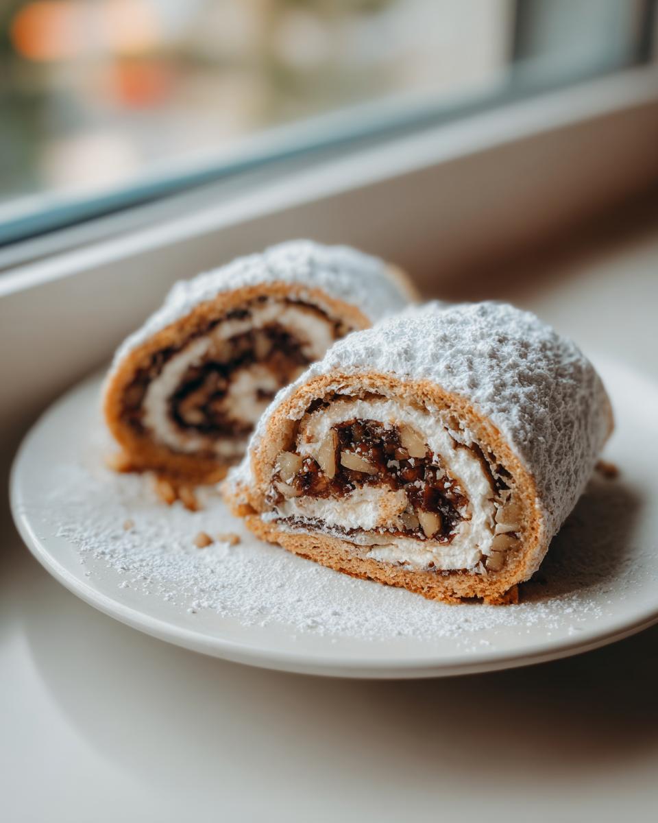 Two cross-sections of Italian nut roll cookies, filled with nuts and cream, dusted heavily with powdered sugar.