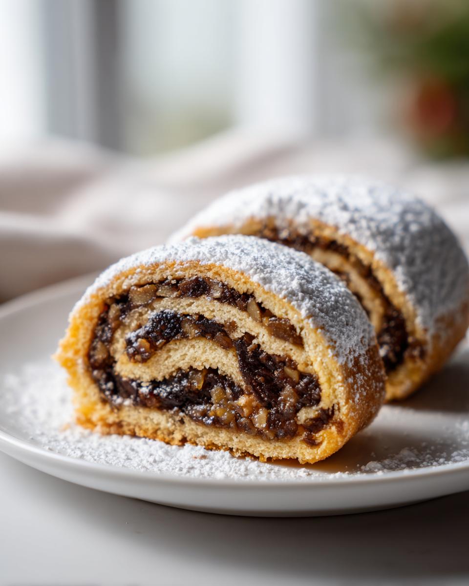 Two slices of rich italian nut roll cookies filled with dark fruit and nuts, dusted heavily with powdered sugar.