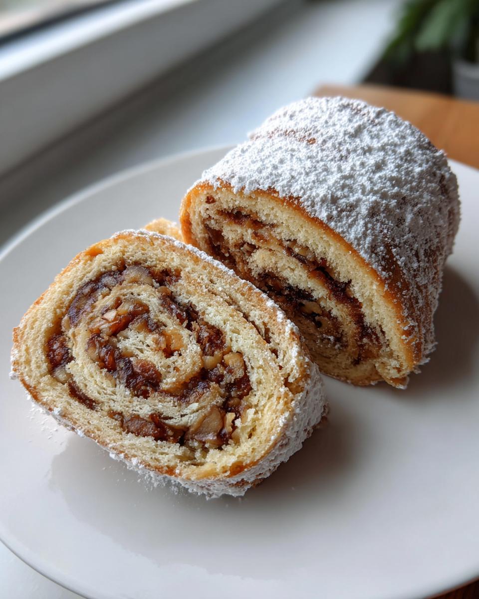 Two slices of rich Italian nut roll cookies showing the swirled nut filling, dusted heavily with powdered sugar.