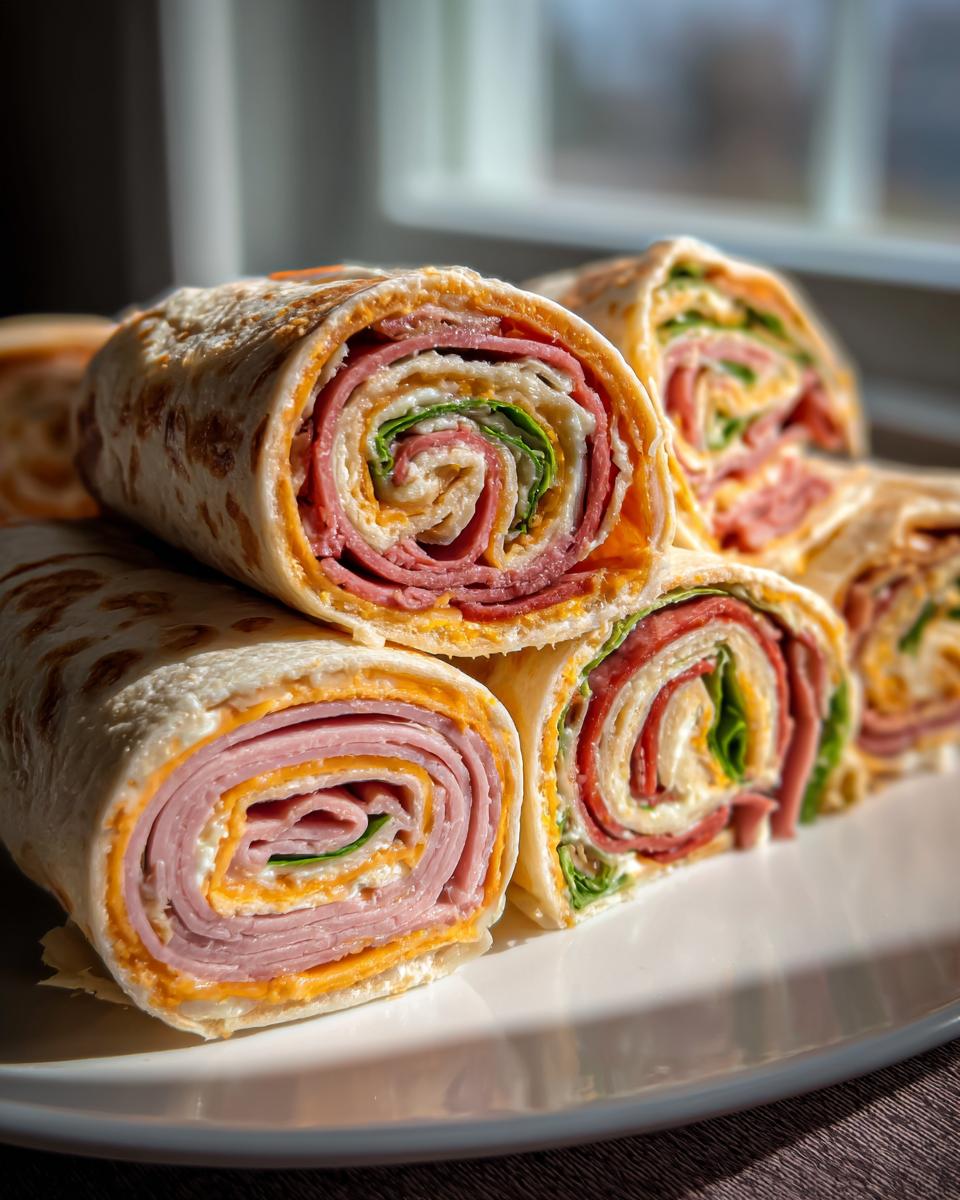 Close-up of several cross-sections of Italian pinwheels stacked on a white plate, showing layers of meat, cheese, and lettuce.