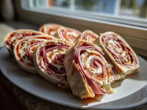 Several slices of savory Italian pinwheels filled with deli meat, cream cheese, and spices, arranged on a white plate.