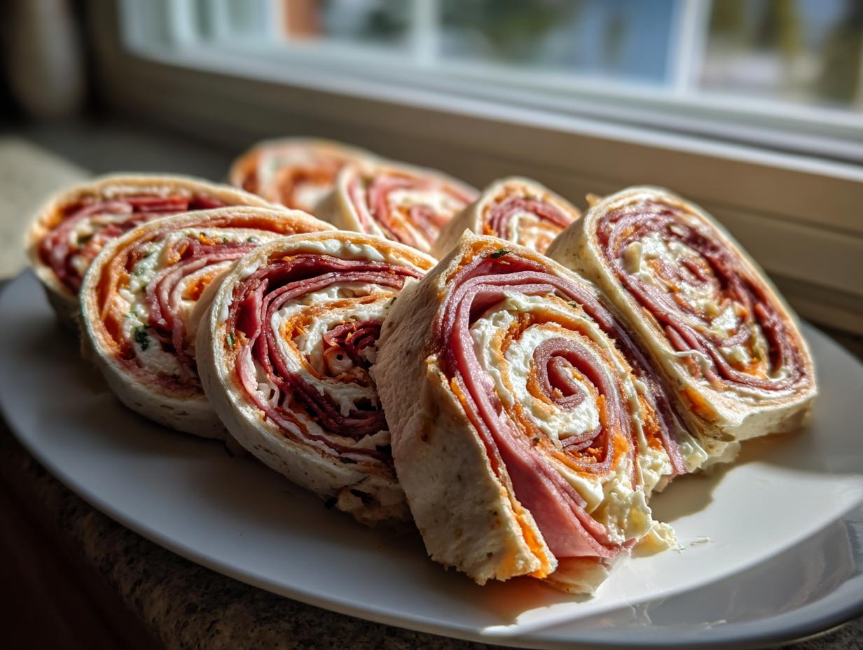Several slices of savory Italian pinwheels filled with deli meat, cream cheese, and spices, arranged on a white plate.