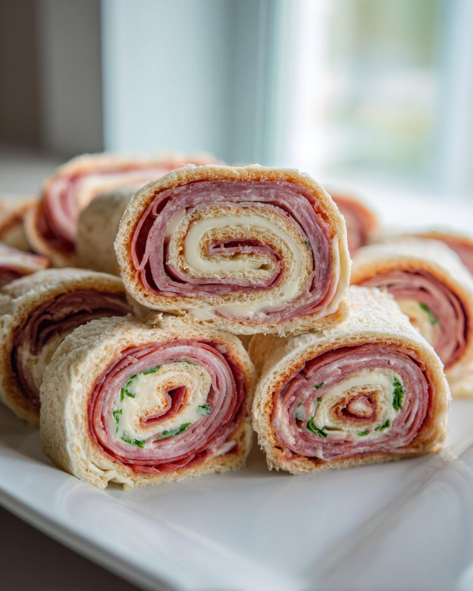 Close-up of stacked, sliced Italian pinwheels made with deli meat, cheese, and bread, ready to serve.