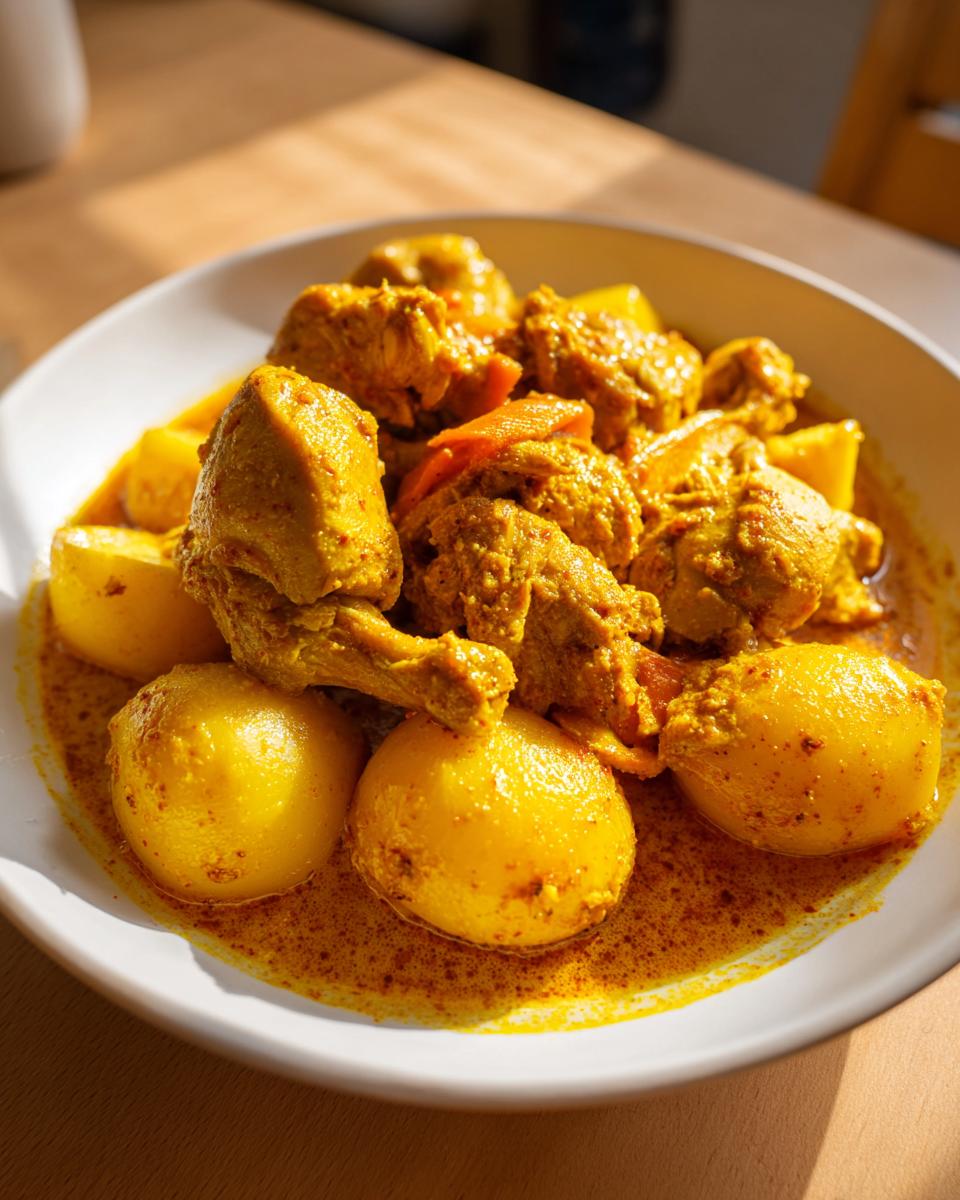 Close-up of a white bowl filled with rich, yellow Jamaican curry chicken pieces and whole potatoes.