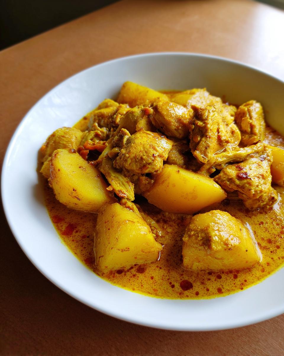 Close-up of a white bowl filled with vibrant yellow Jamaican curry chicken and large chunks of potato.