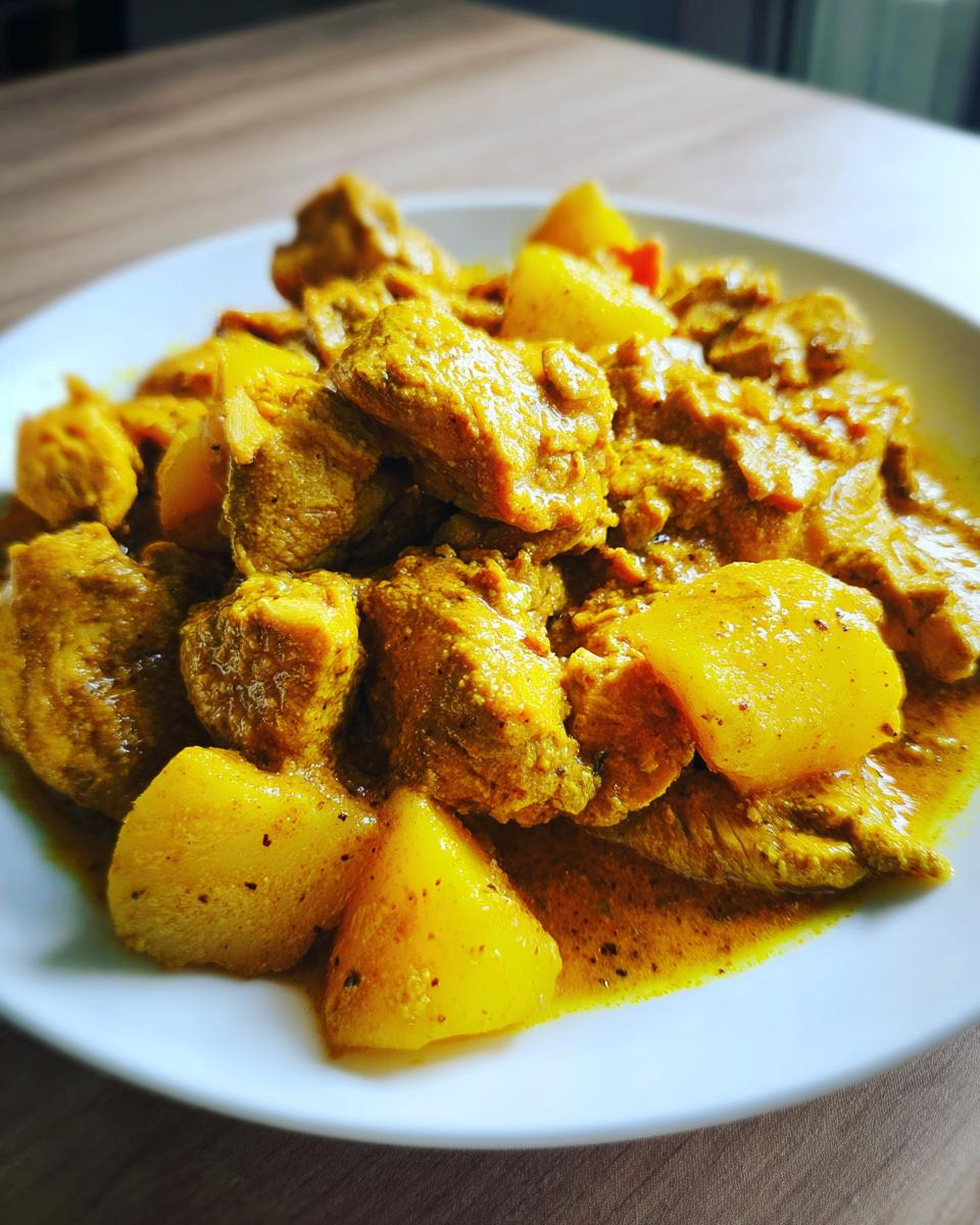 A close-up shot of vibrant yellow Jamaican curry chicken pieces mixed with chunks of potato served on a white plate.