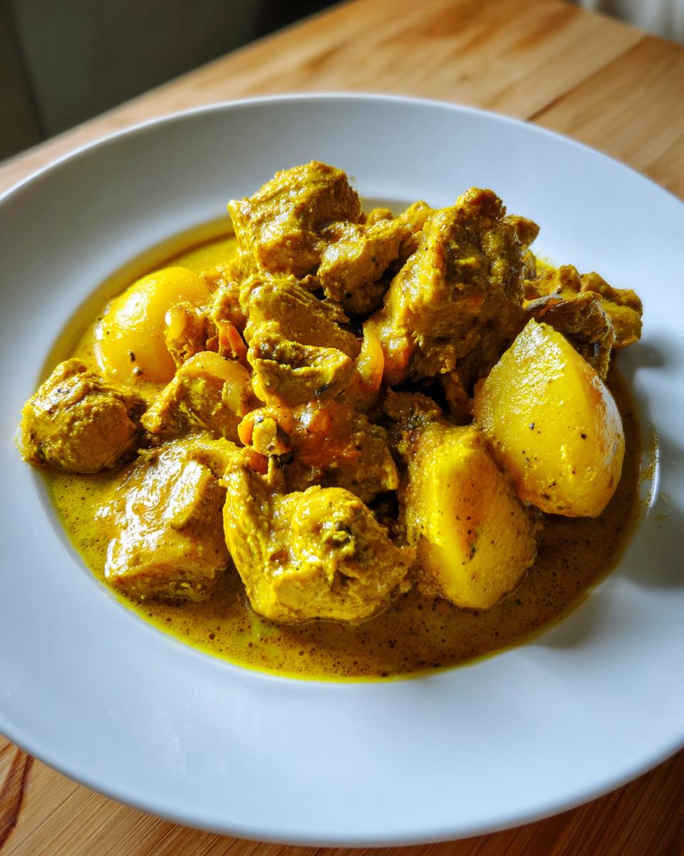 Close-up of tender pieces of Jamaican curry chicken and potatoes coated in rich, yellow curry sauce.