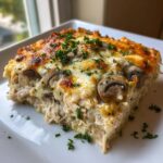 A close-up slice of keto garlic mushroom chicken casserole with melted cheese and parsley.