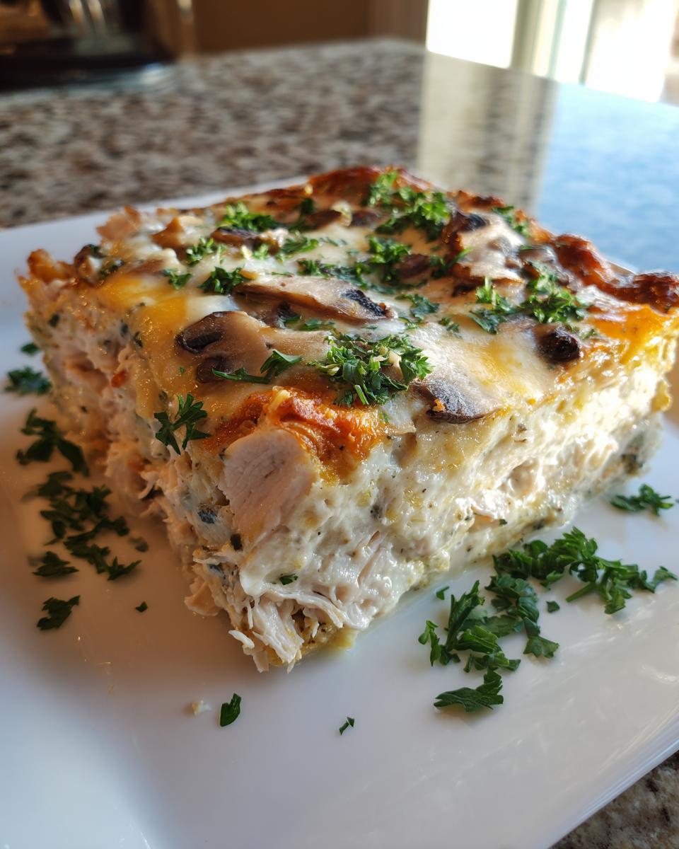 A thick slice of keto garlic mushroom chicken casserole, creamy and topped with baked mushrooms and parsley.