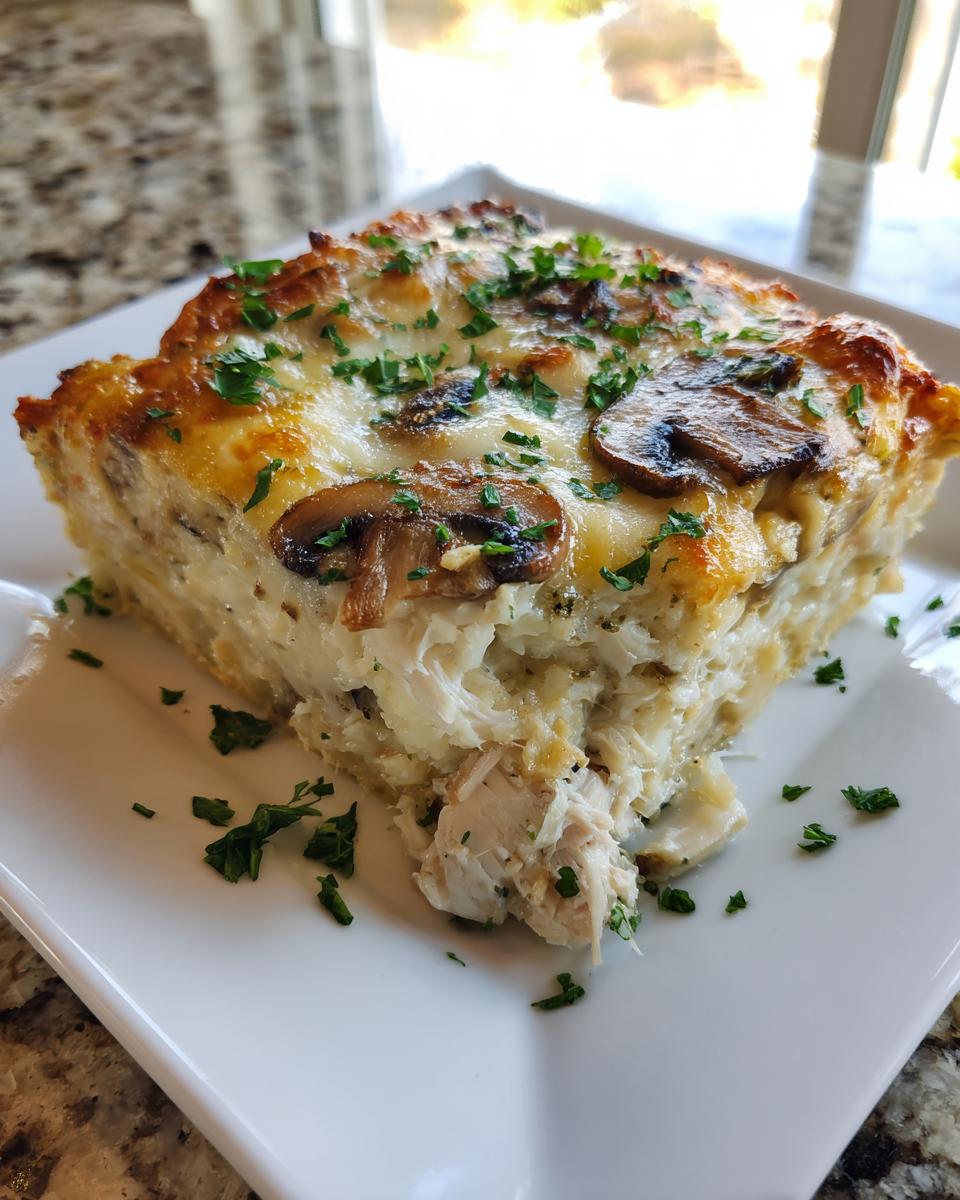 A square serving of keto garlic mushroom chicken casserole topped with melted cheese and fresh parsley.