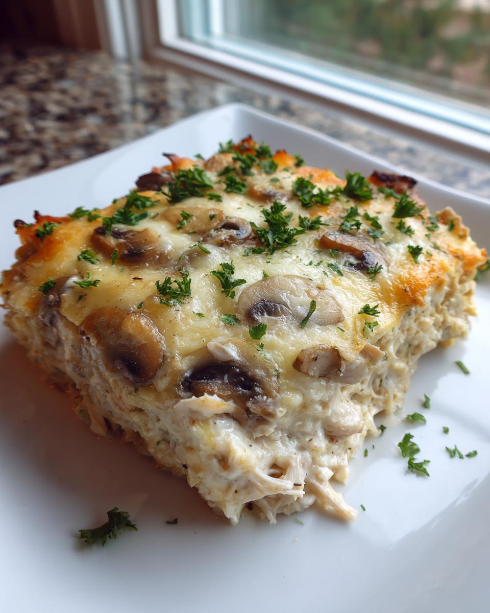 A square slice of creamy keto garlic mushroom chicken casserole topped with melted cheese and fresh parsley.