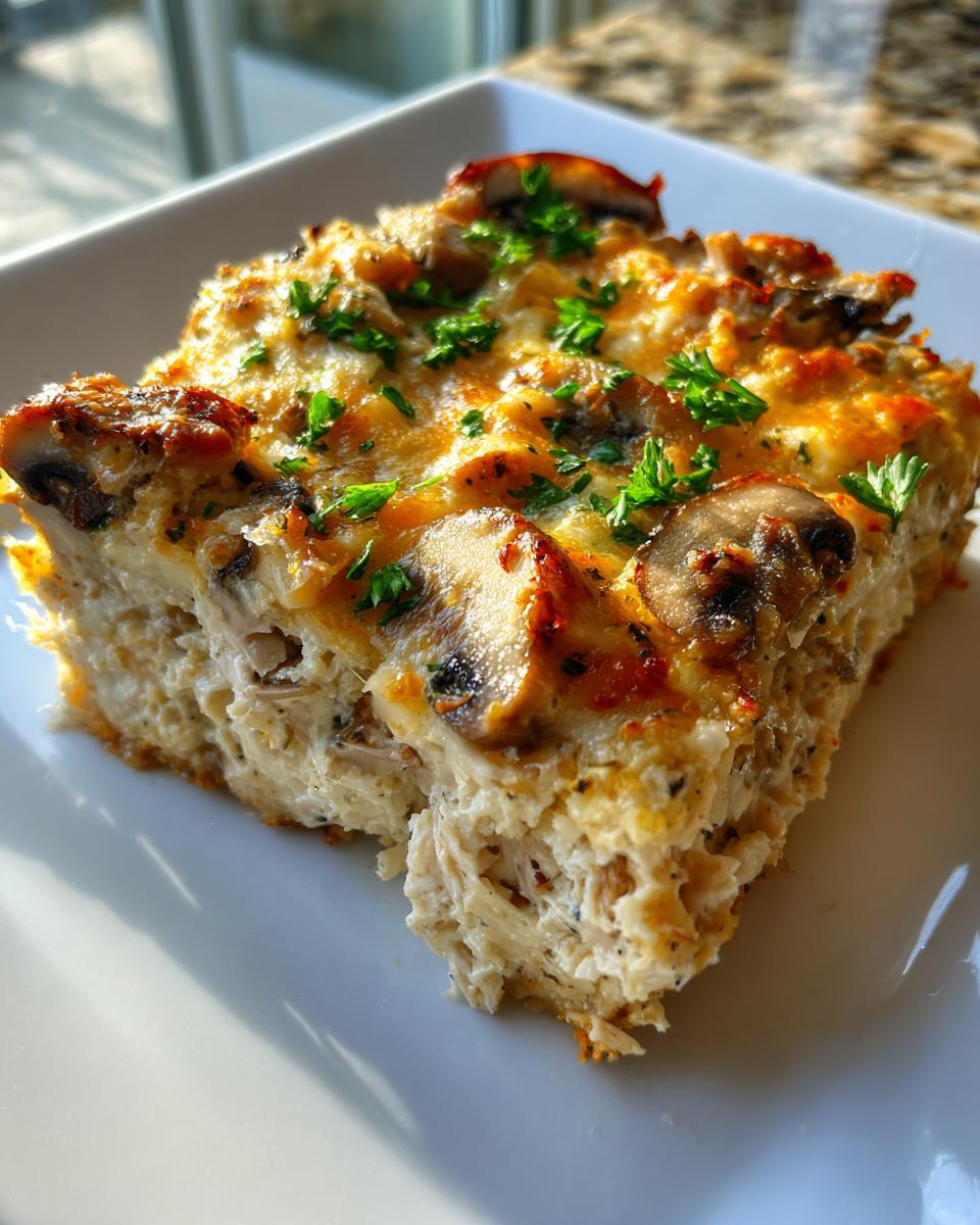 A square serving of creamy keto garlic mushroom chicken casserole topped with melted cheese and parsley.