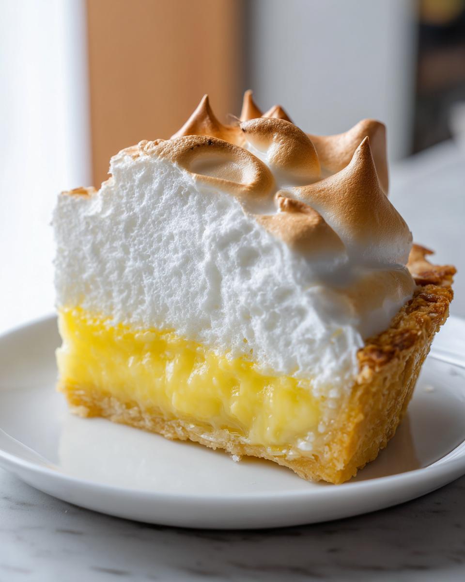 A close-up of a thick slice of lemon meringue pie showing the bright yellow filling and tall, toasted meringue.
