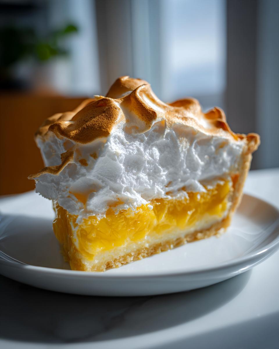 A close-up of a tall slice of lemon meringue pie showing bright yellow filling and fluffy, torched meringue.