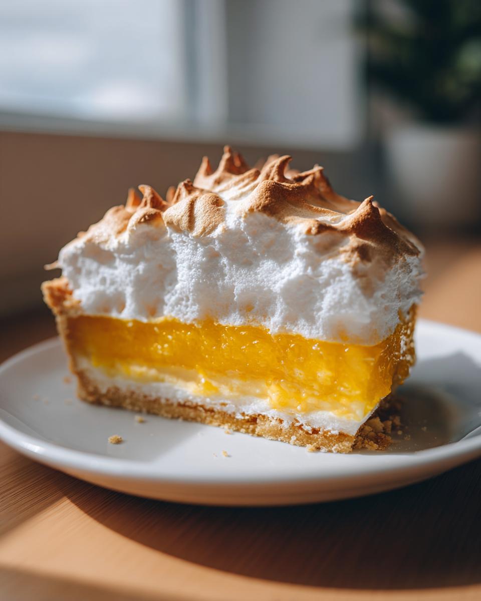 Close-up of a perfect slice of lemon meringue pie showing bright yellow filling and toasted meringue peaks.