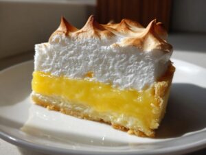 A close-up slice of lemon meringue pie showing layers of crust, bright yellow lemon filling, and tall, torched meringue.