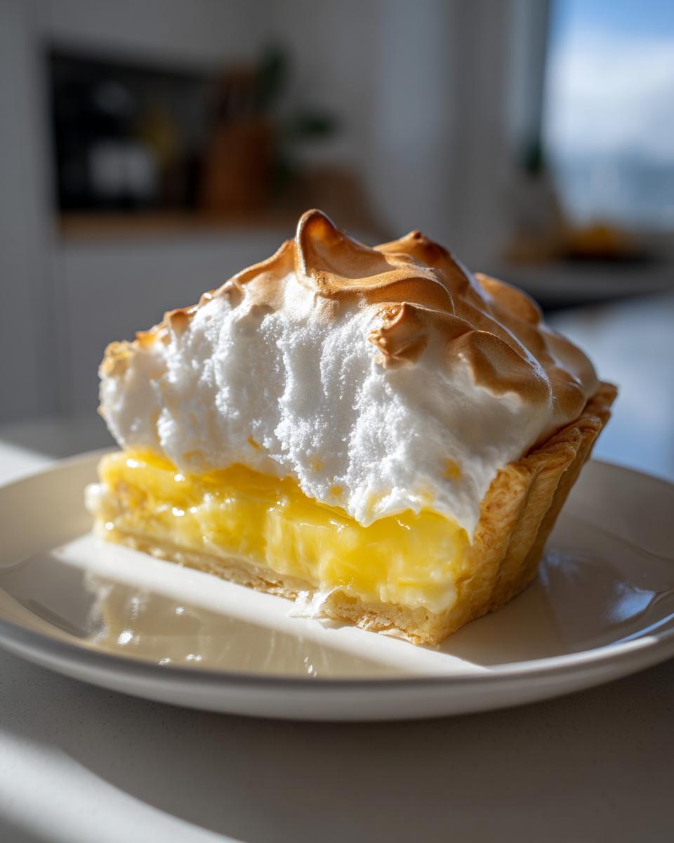 A perfect slice of lemon meringue pie showing bright yellow filling and tall, torched meringue on a white plate.