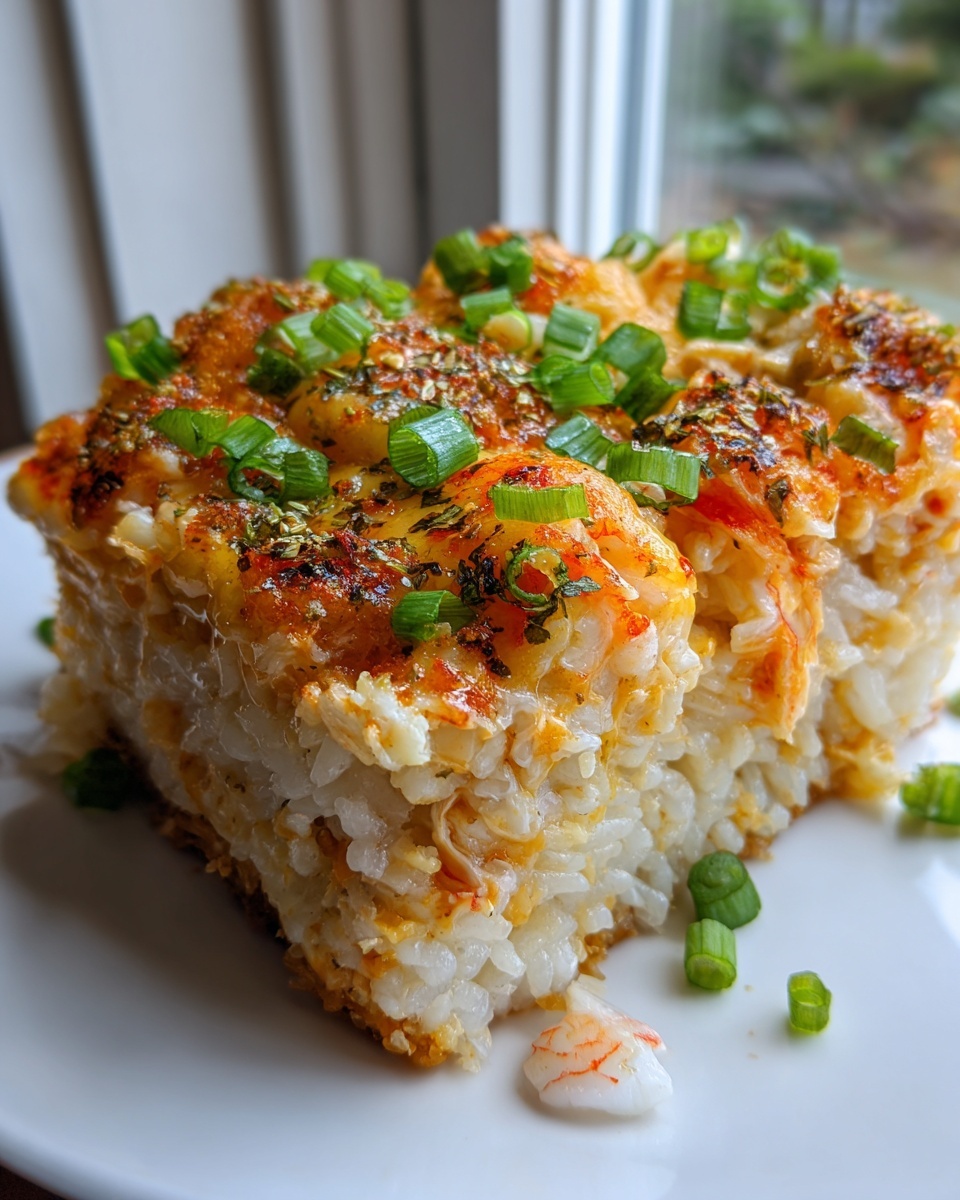 A square serving of baked rice layered with creamy topping, garnished with green onions for a delicious sushi bake.