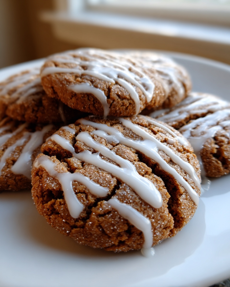 Close-up of rich, cracked maple brown sugar cookies topped with a white glaze drizzle on a white plate.