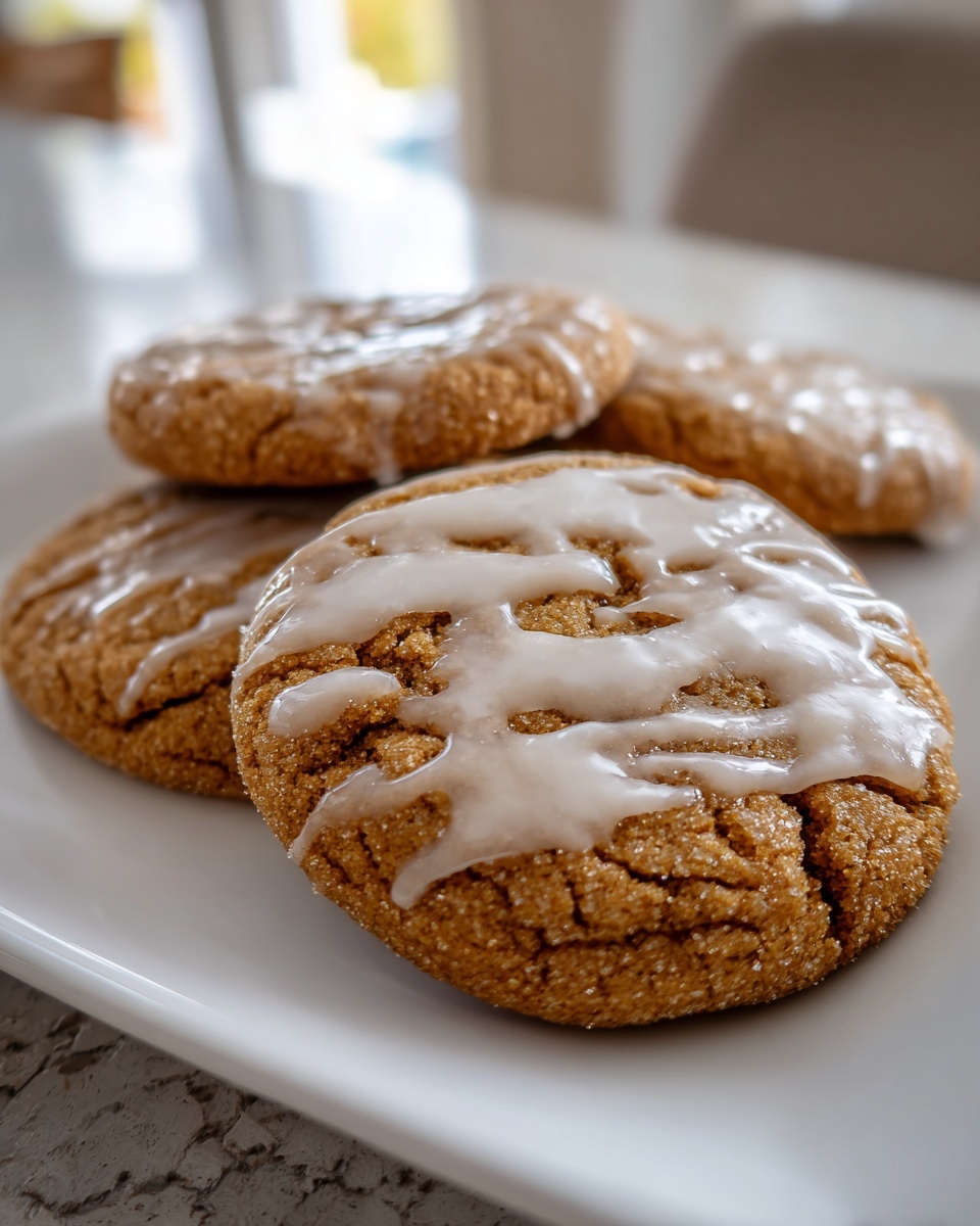 Close-up of soft maple brown sugar cookies topped with a white glaze, stacked on a white plate.
