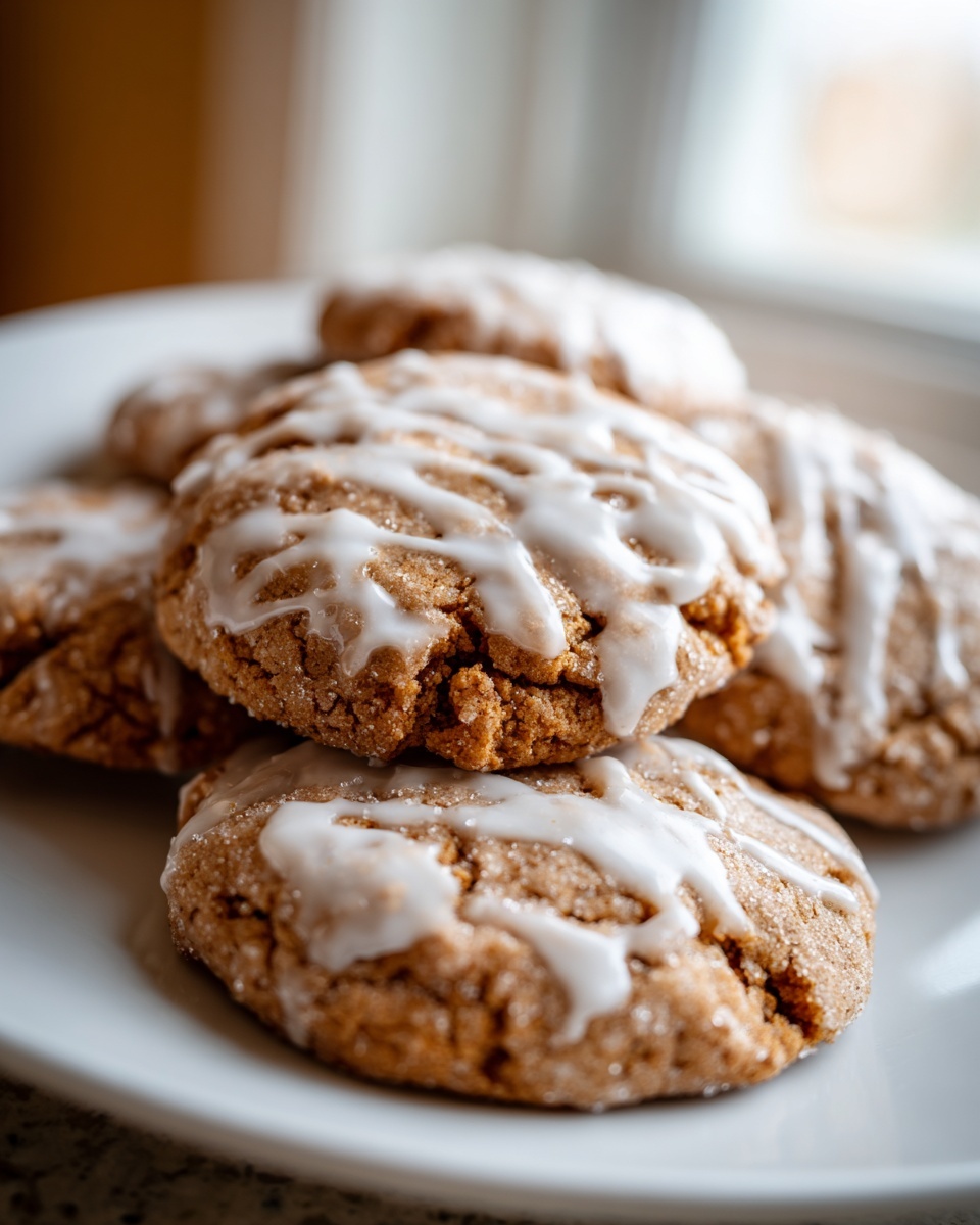 A close-up of soft maple brown sugar cookies stacked on a white plate, drizzled with white icing.