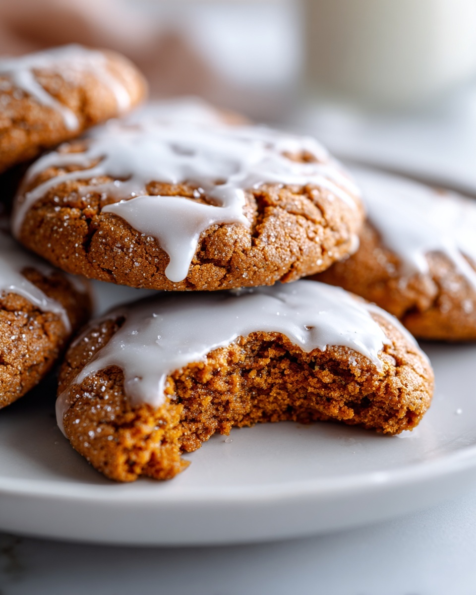 A stack of soft maple brown sugar cookies topped with white glaze, one cookie has a bite taken out.