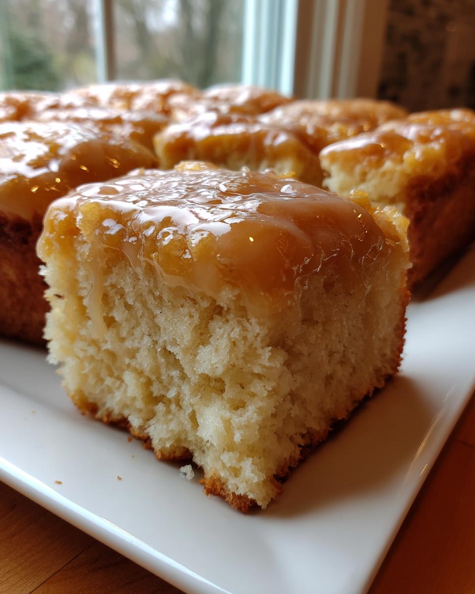 A close-up of a freshly baked square piece of maple donut bars, showing the fluffy interior and thick, shiny maple glaze.