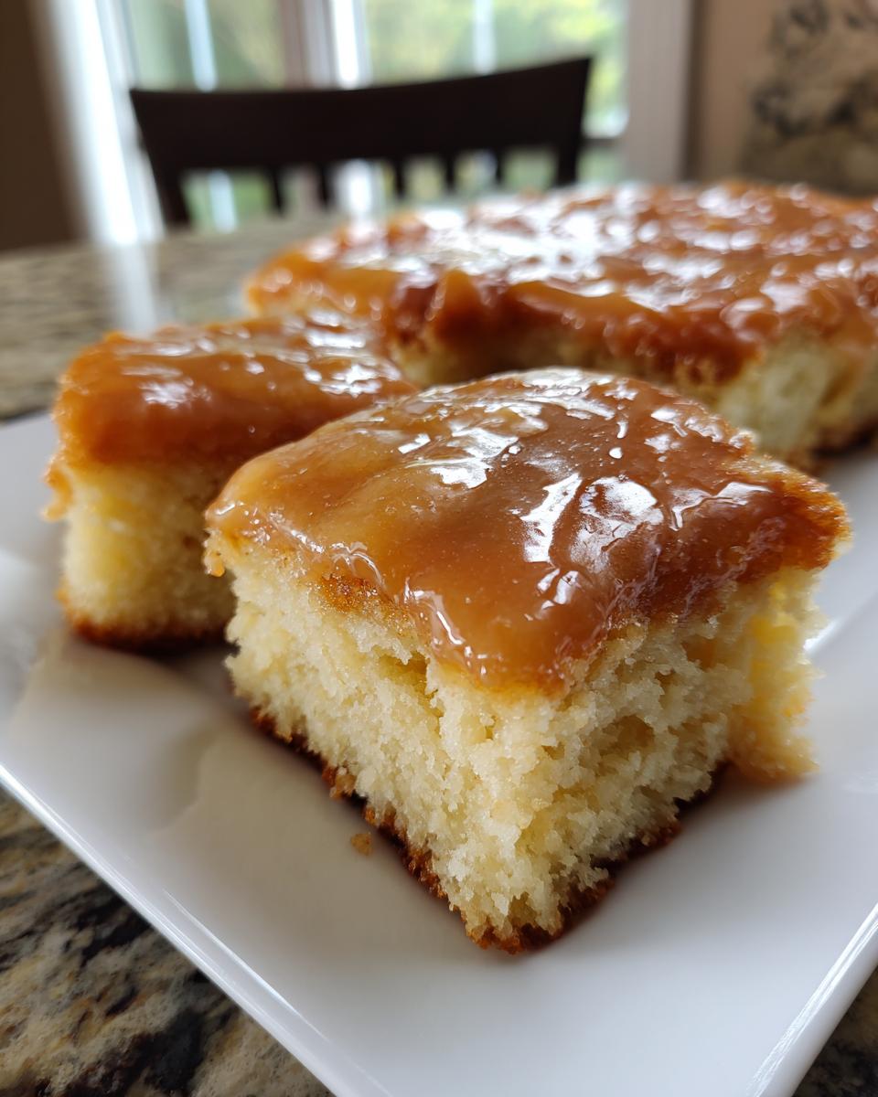 Close-up of soft, square maple donut bars topped with a thick, shiny maple glaze on a white plate.