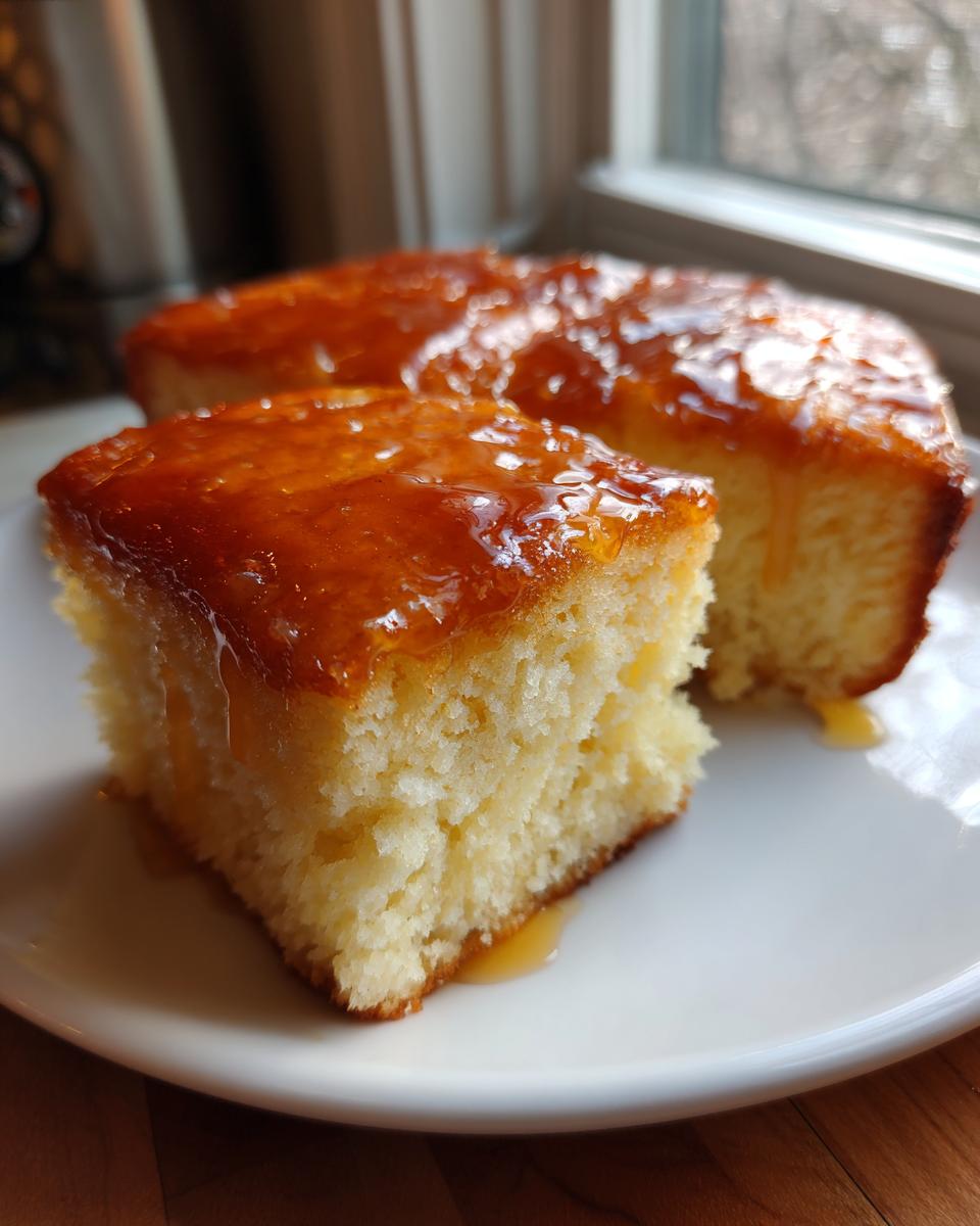 A square slice of fluffy cake topped with shiny maple glaze, representing maple donut bars, served on a white plate.