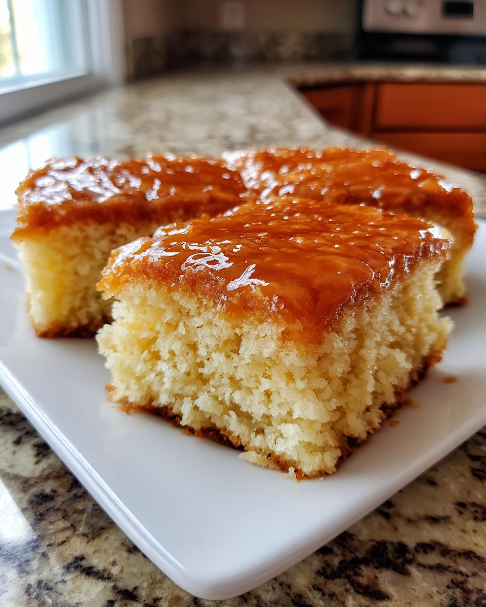 Close-up of three squares of moist maple donut bars topped with a thick, shiny maple glaze on a white plate.