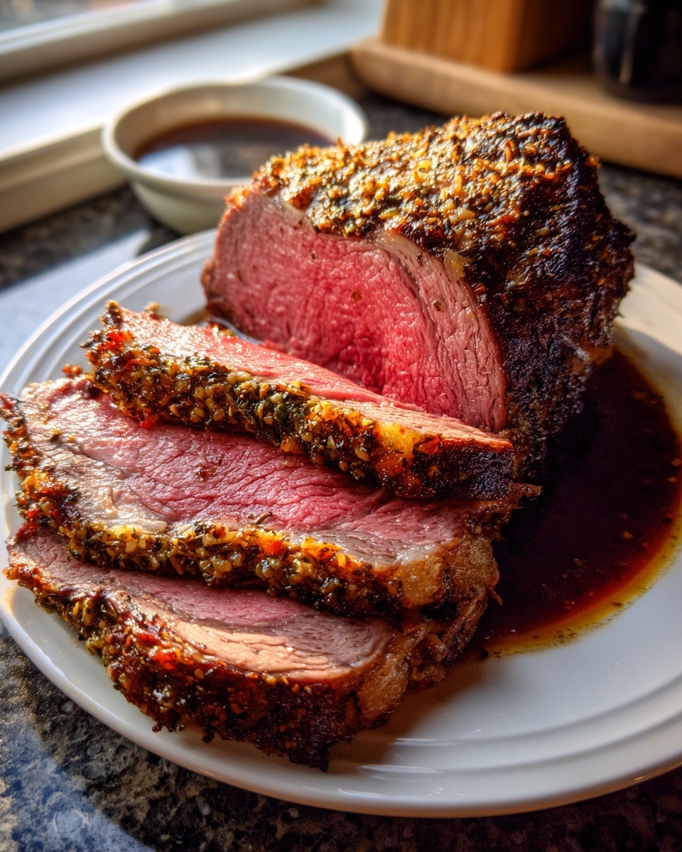Close-up of a perfectly cooked medium-rare rib roast, sliced and resting in its juices on a white plate.