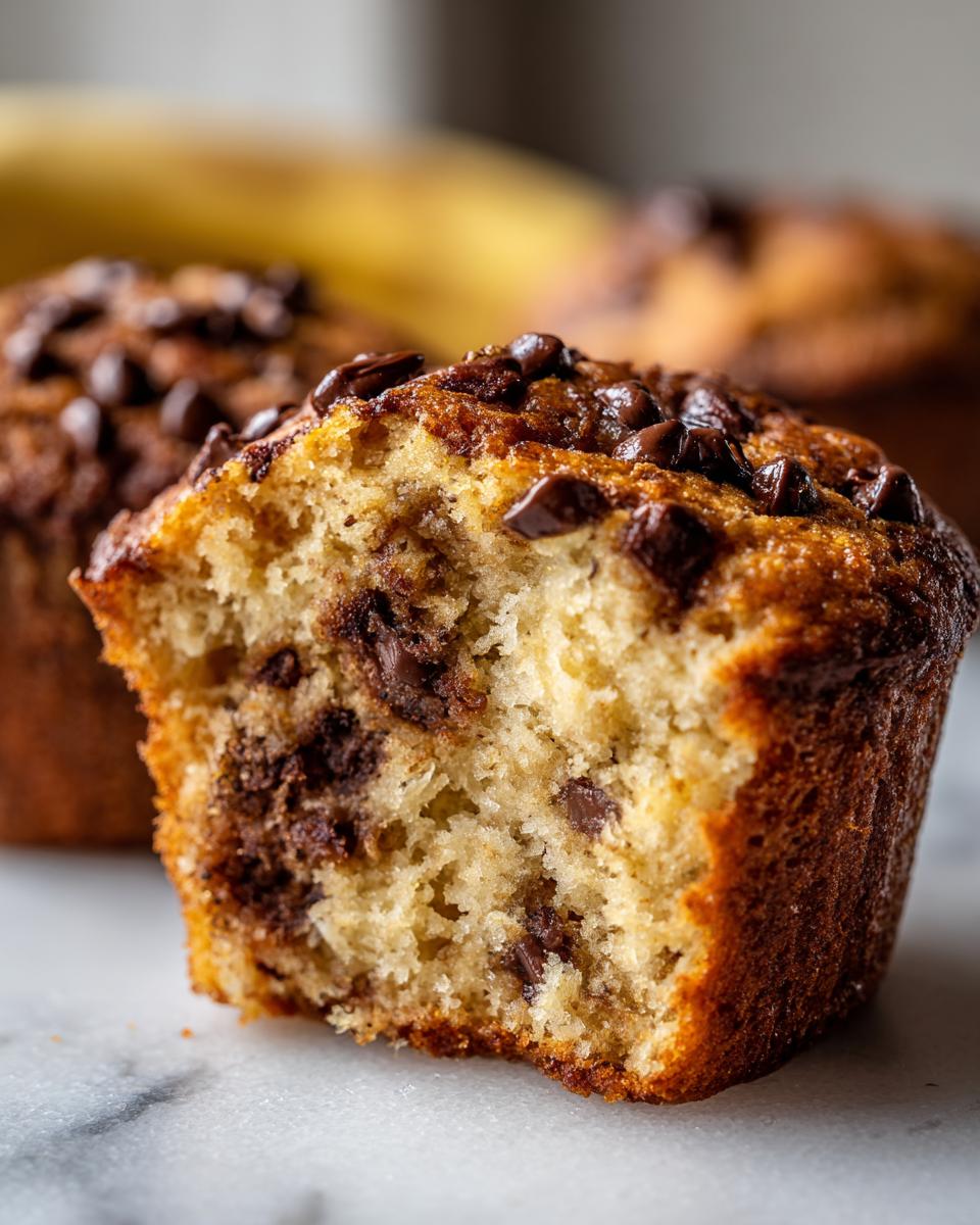 Close-up of a banana chocolate chip muffin cut in half showing its moist texture and melted chocolate chips.