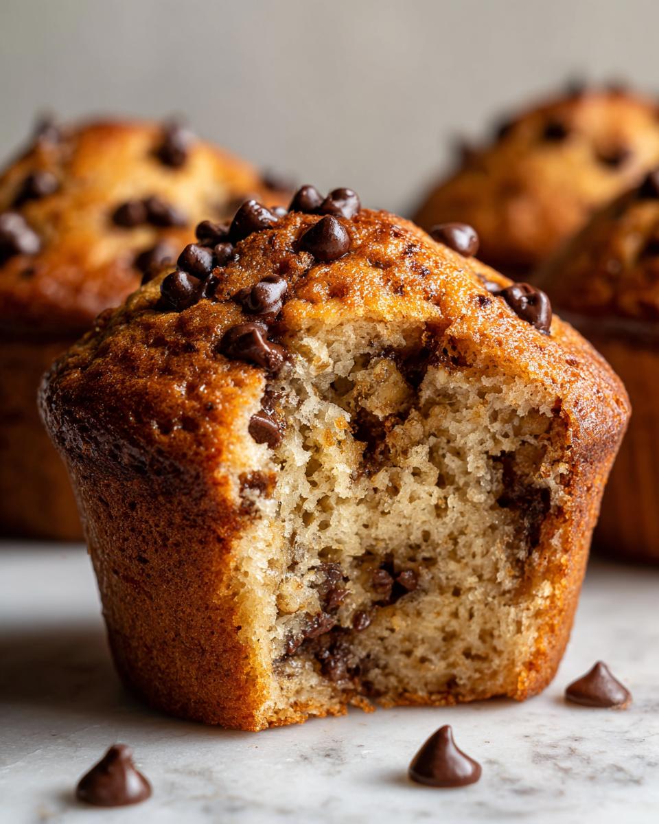 Close-up of a moist banana chocolate chip muffins with a bite taken out, showing melted chocolate chips inside.