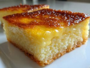 A close-up shot of a moist slice of cassava cake showing its dense texture and caramelized, glossy topping.