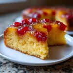 Two slices of moist pineapple upside down cake topped with caramelized pineapple and bright red cherries.