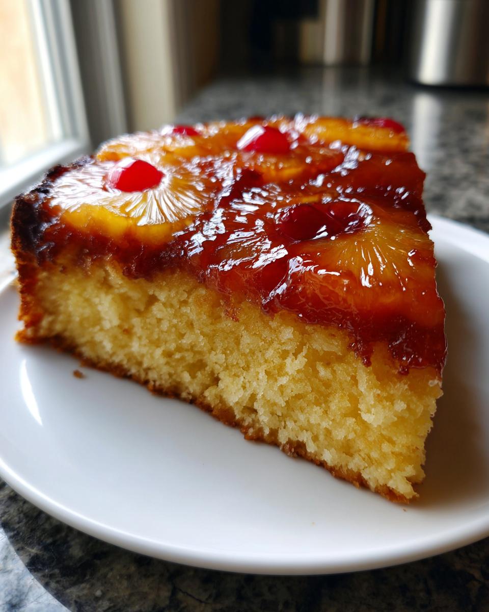 A moist slice of pineapple upside down cake topped with caramelized pineapple rings and maraschino cherries.