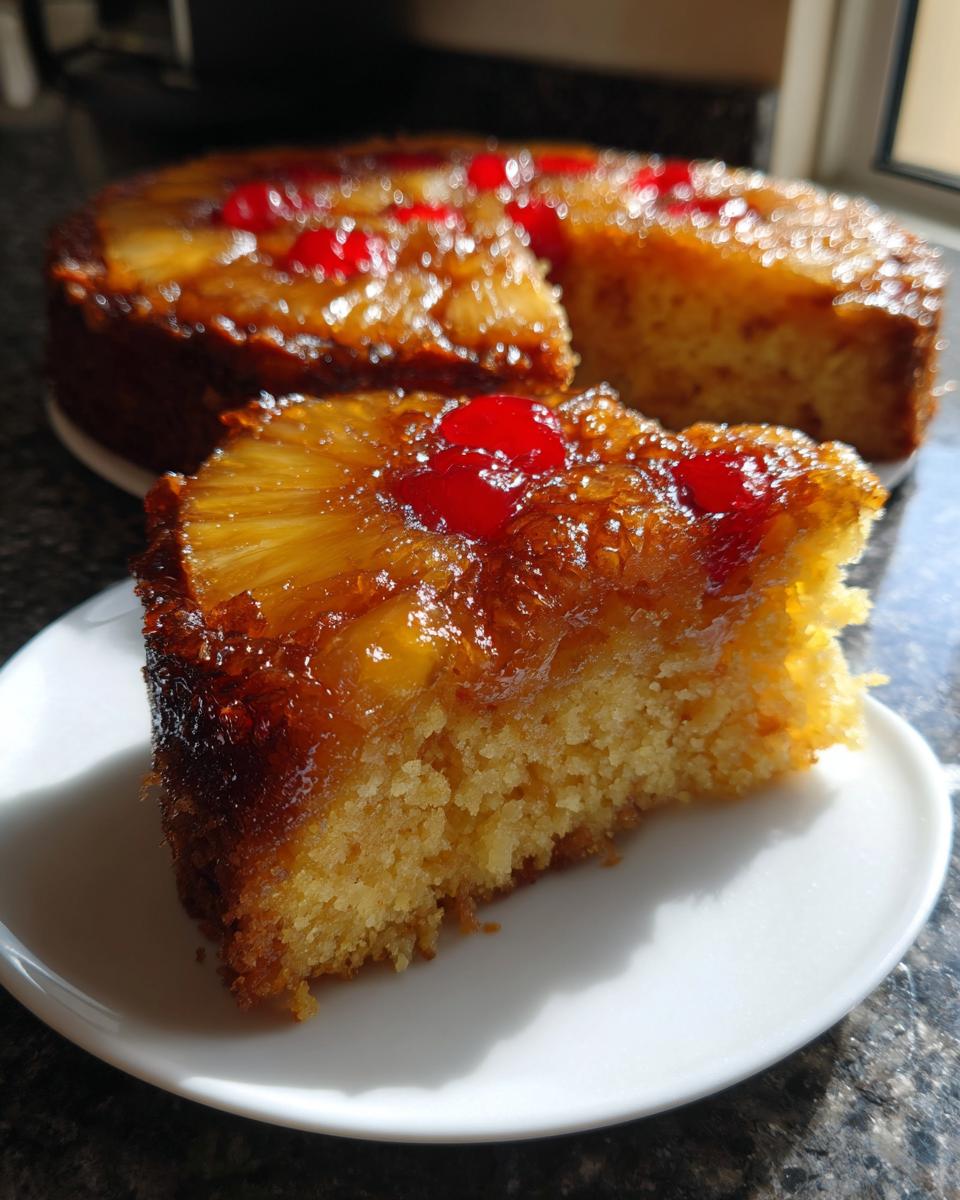 A slice of moist pineapple upside down cake topped with caramelized pineapple and a cherry.