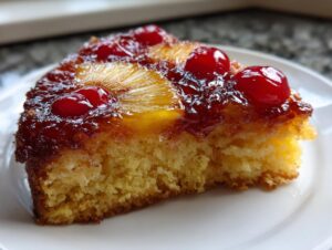 Close-up of a moist slice of pineapple upside down cake topped with caramelized pineapple and maraschino cherries.