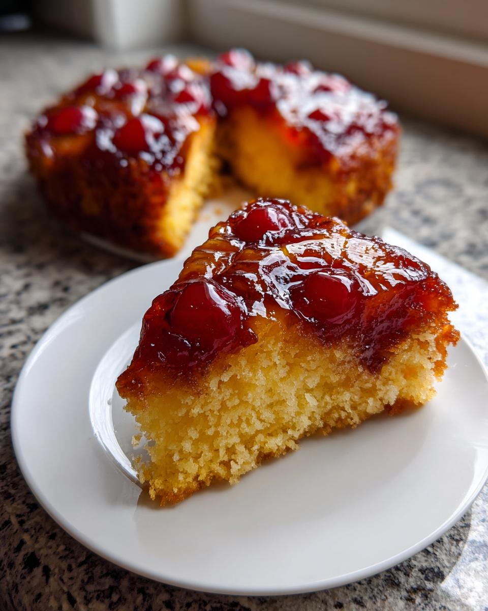 A slice of moist pineapple upside down cake topped with caramelized cherries and glaze, served on a white plate.
