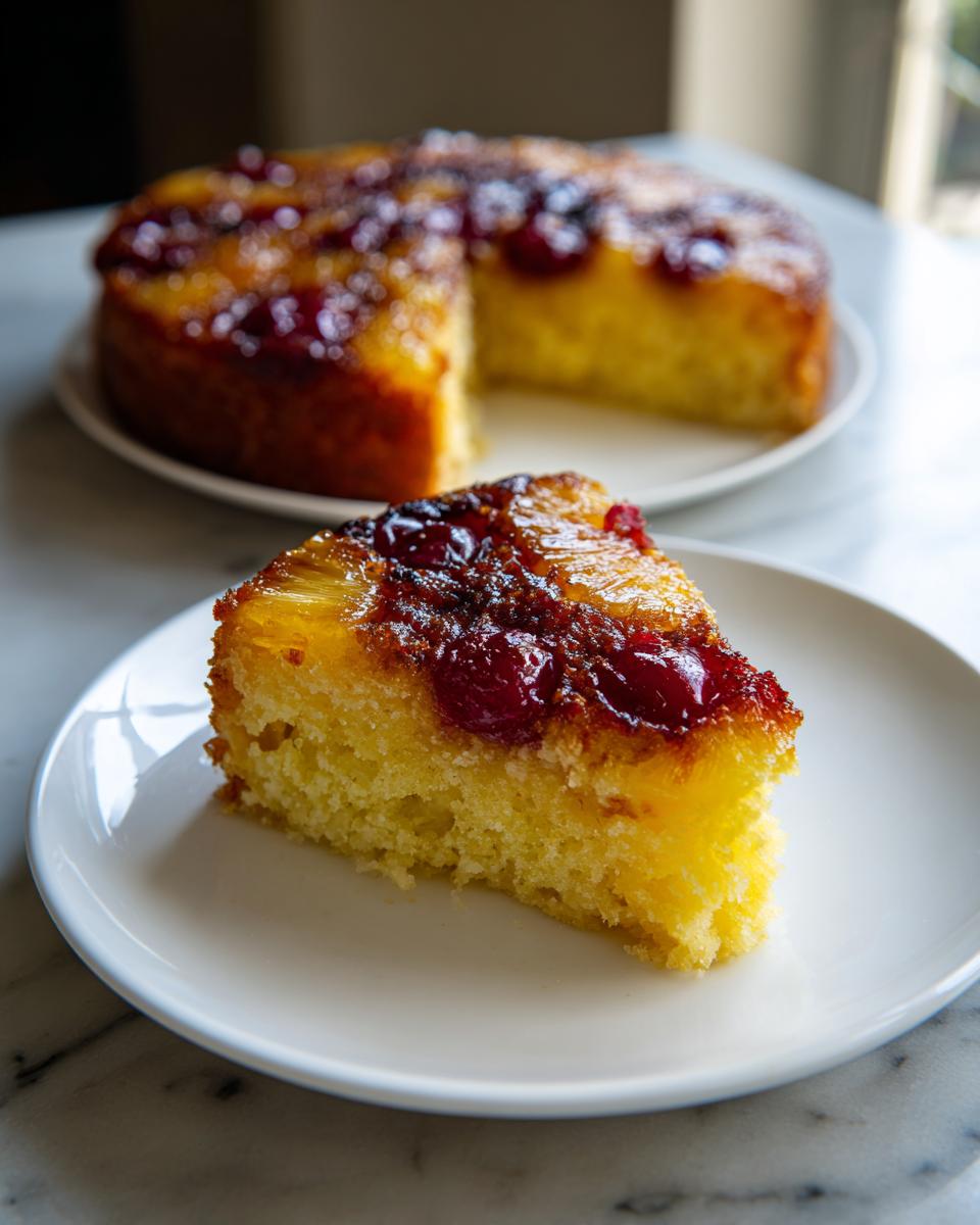 A moist slice of pineapple upside down cake with caramelized topping and cherries on a white plate.