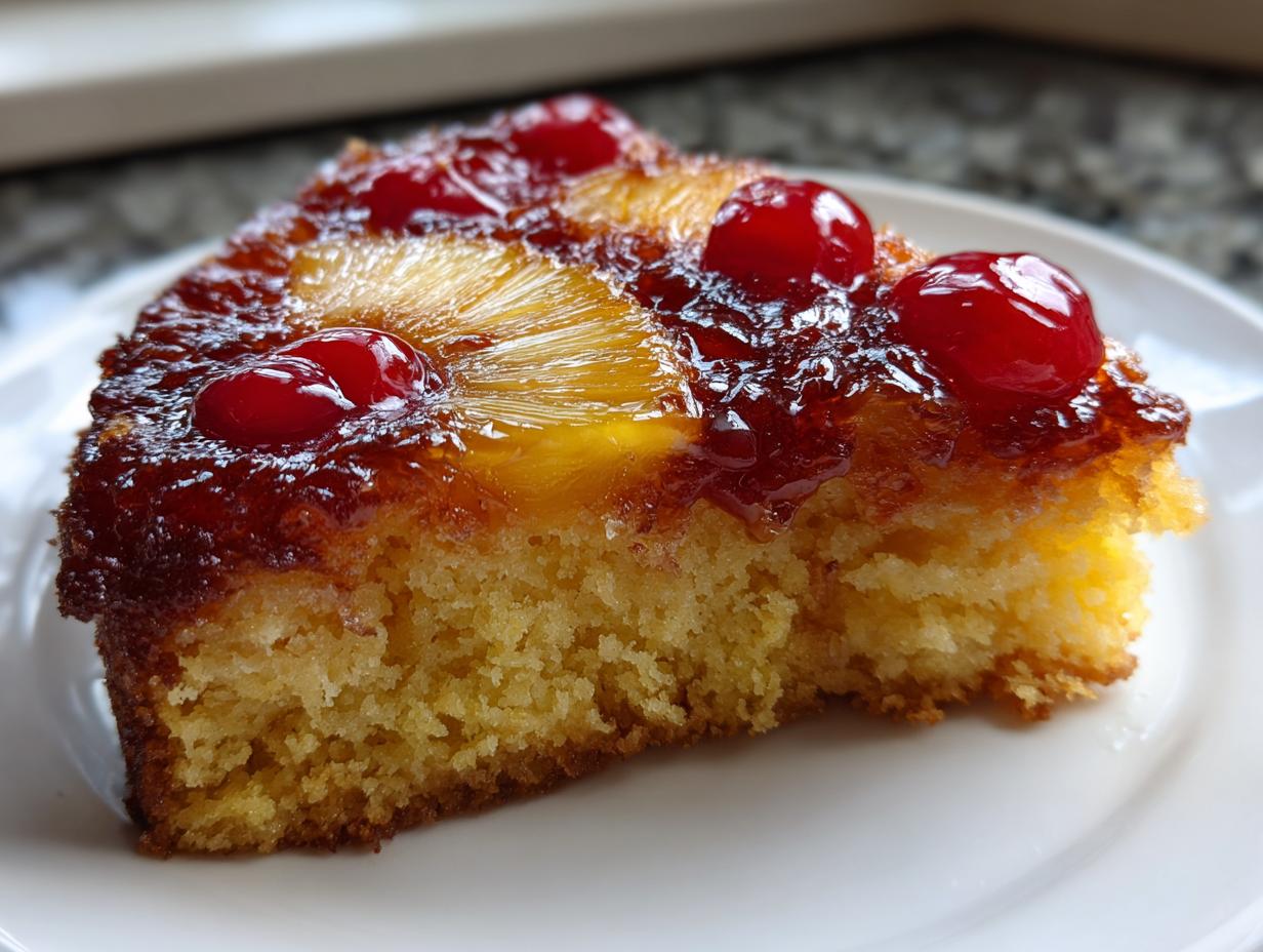 Close-up of a moist slice of pineapple upside down cake topped with caramelized pineapple and maraschino cherries.