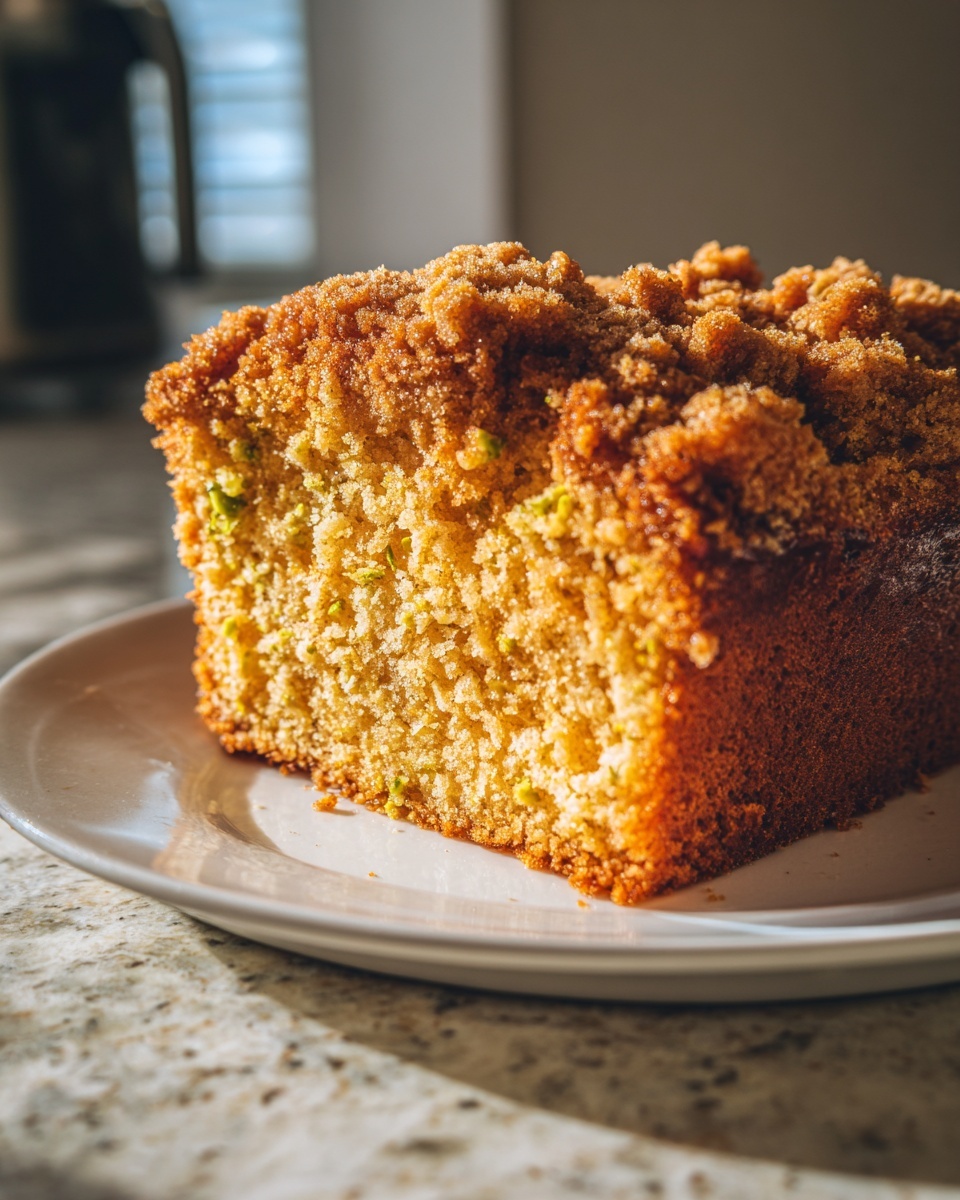 Close-up of a moist slice of pistachio coffee cake showing green pistachio pieces and a thick, golden brown streusel topping.
