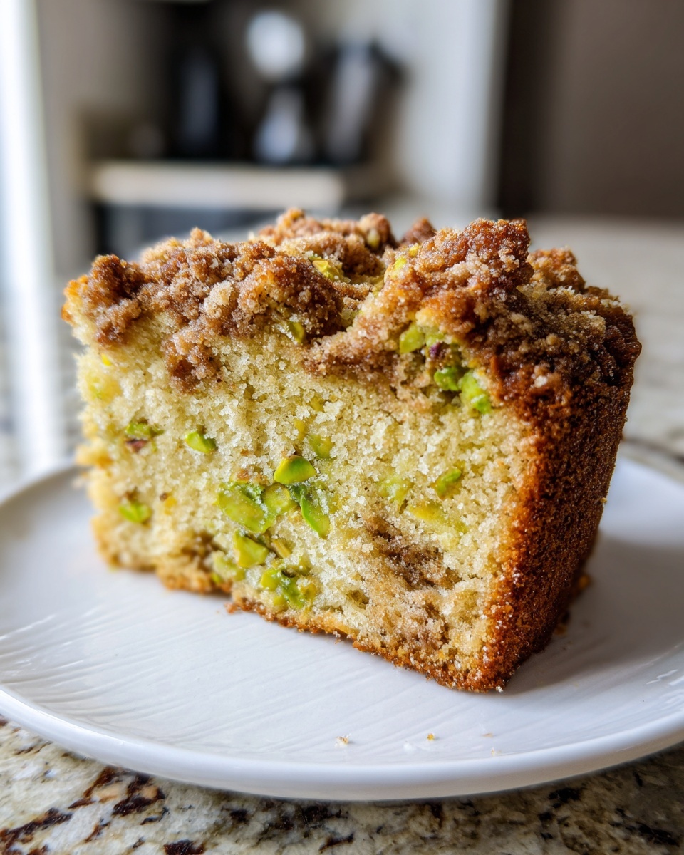 Close-up of a moist slice of pistachio coffee cake featuring green pistachio pieces and a thick brown sugar crumb topping.